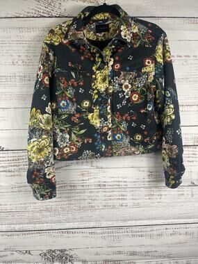 T Tahari Jacket Women's Size Medium Multicolor Satin Floral Button Front Cropped